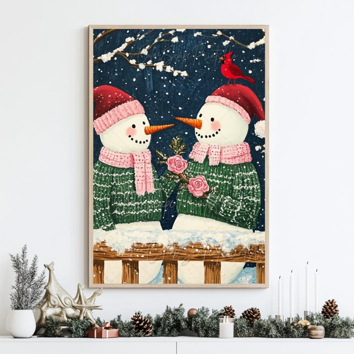 Snowmen Christmas Wall Art Colorful Snowman Painting Pink Snowman With Roses Winter Scenery Christmas Nursery Print Snowman Family - Image 2
