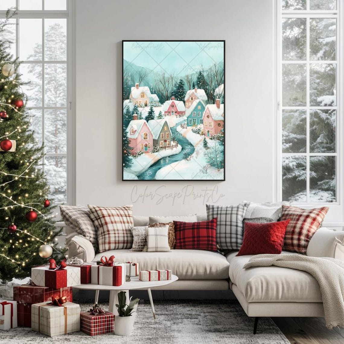 Pink Christmas Landscape Painting Snowy Winter Landscape Print Pink Christmas Wall Art Festive Village Print Christmas Town Art Holiday Art - Image 4