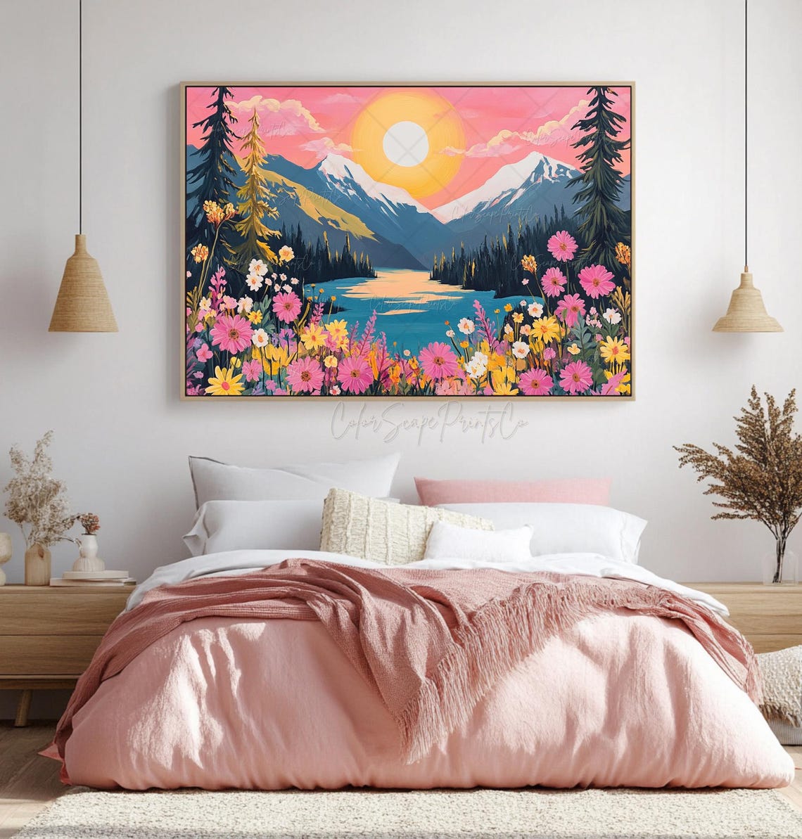 Pink Sunset Mountain Lake with Wildflowers Vibrant Landscape Poster - Image 4