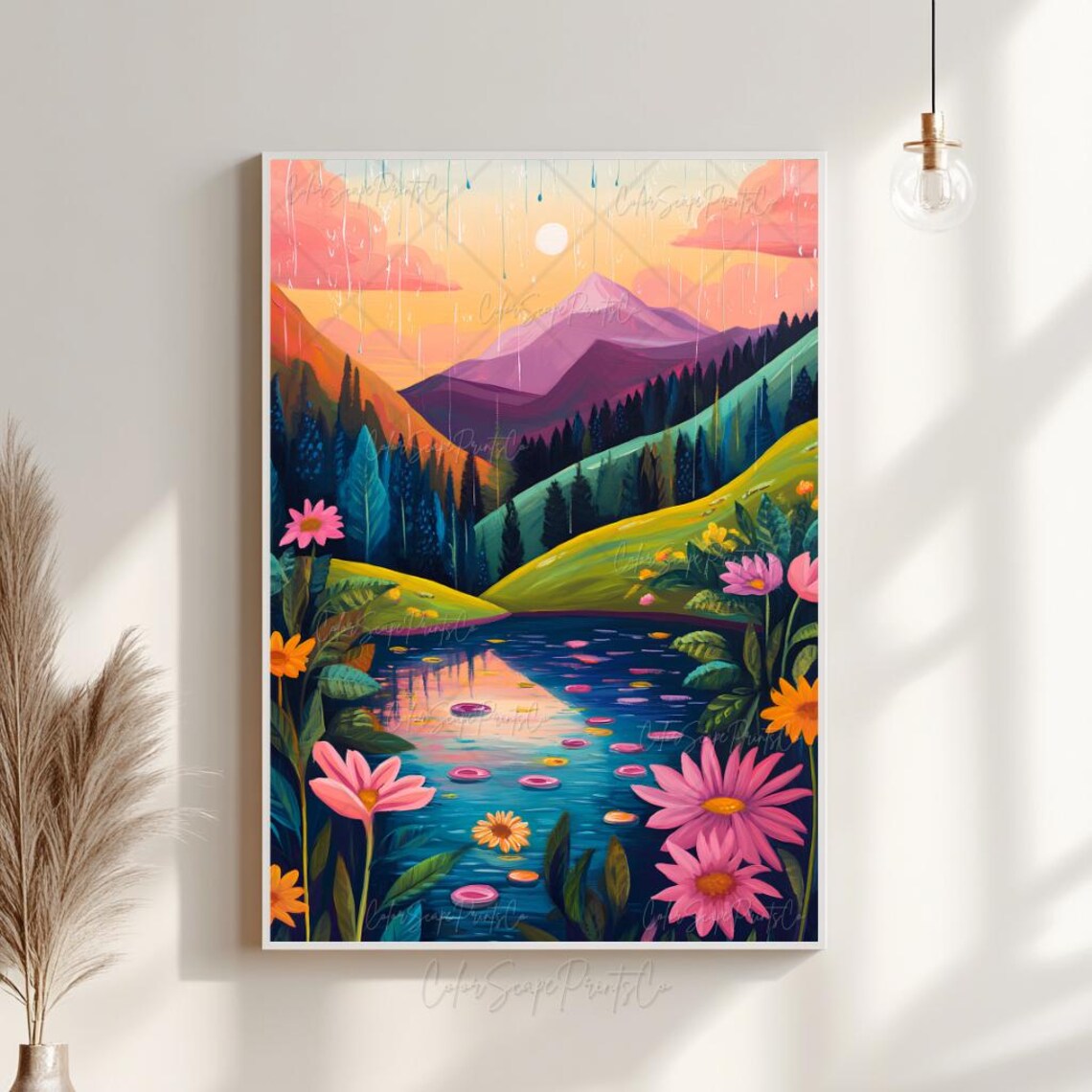 Rainy Mountain Lake Sunset with Wildflowers Colorful Landscape Poster - Image 4