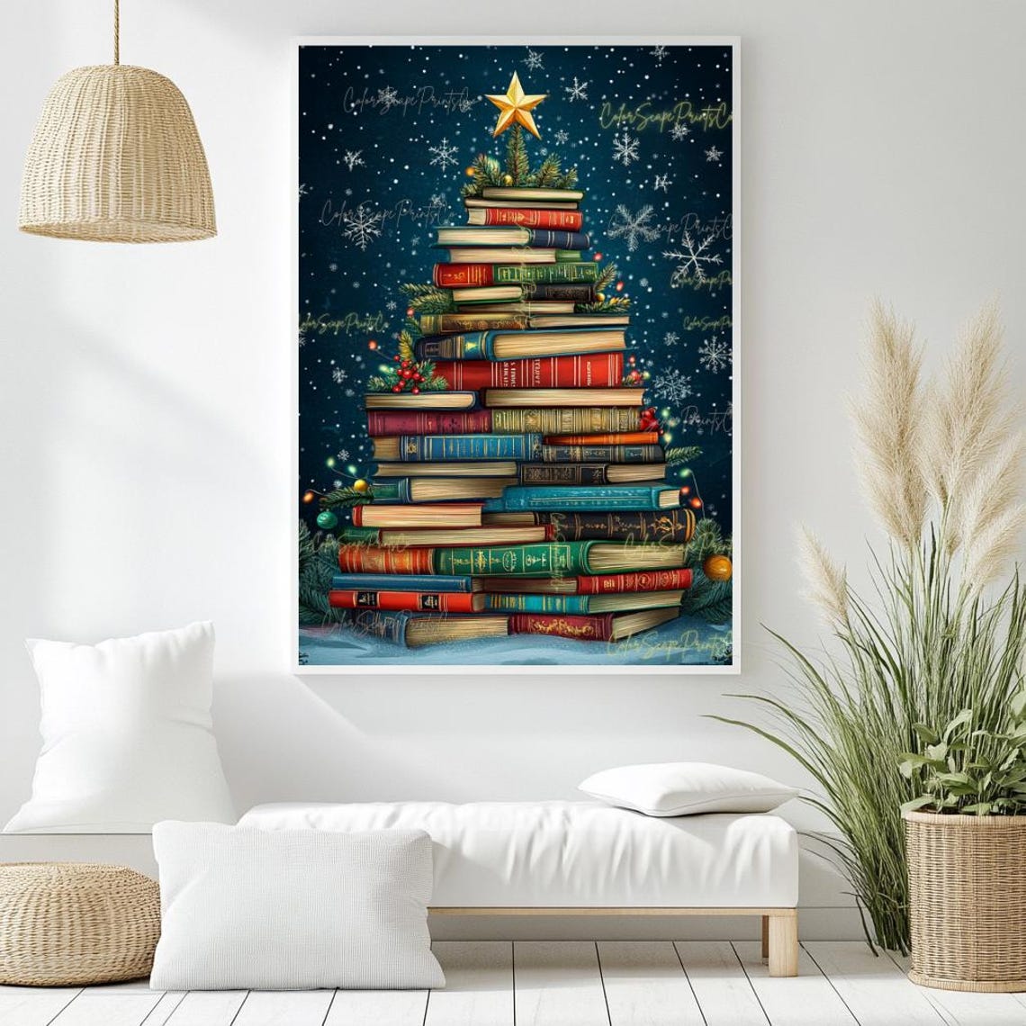 Vintage Book Stack Christmas Tree Gold Star Night Library Poster - Image 2