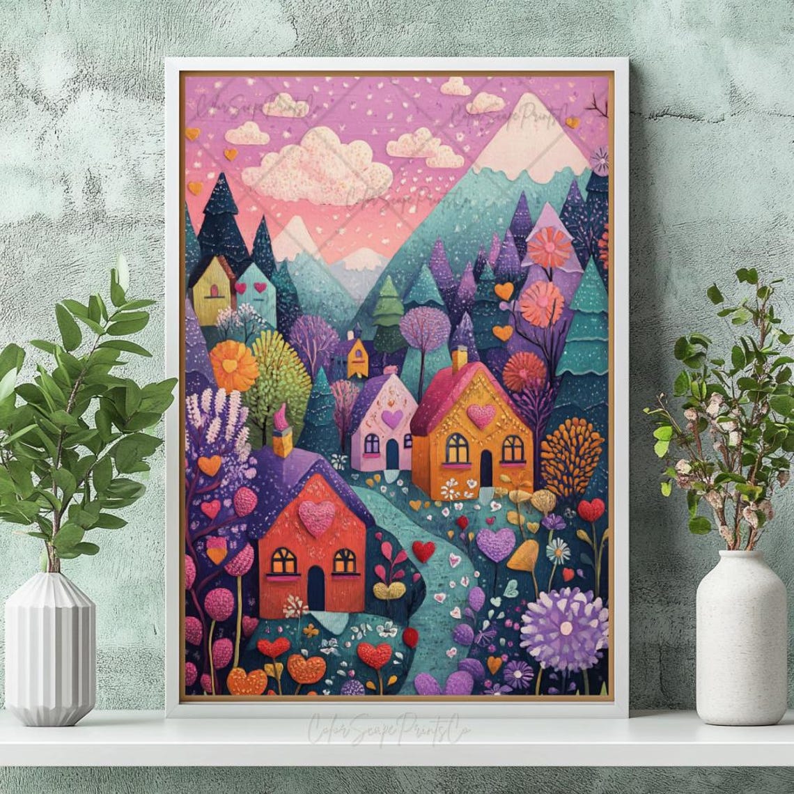 Whimsical Valentines Village with Heart Trees Pink Sky Painting Poster - Image 3