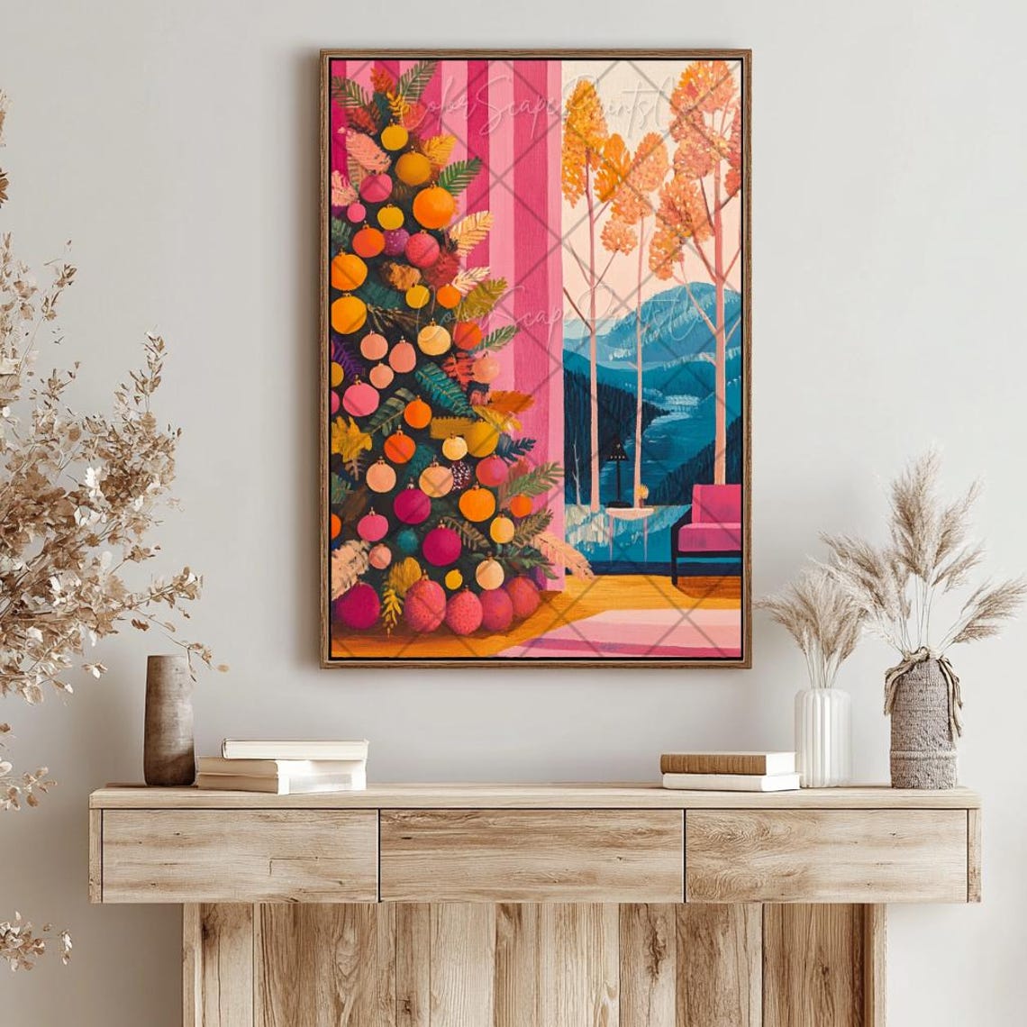 Bold Pink Orange Christmas Tree by Window Overlooking Mountains Poster - Image 3