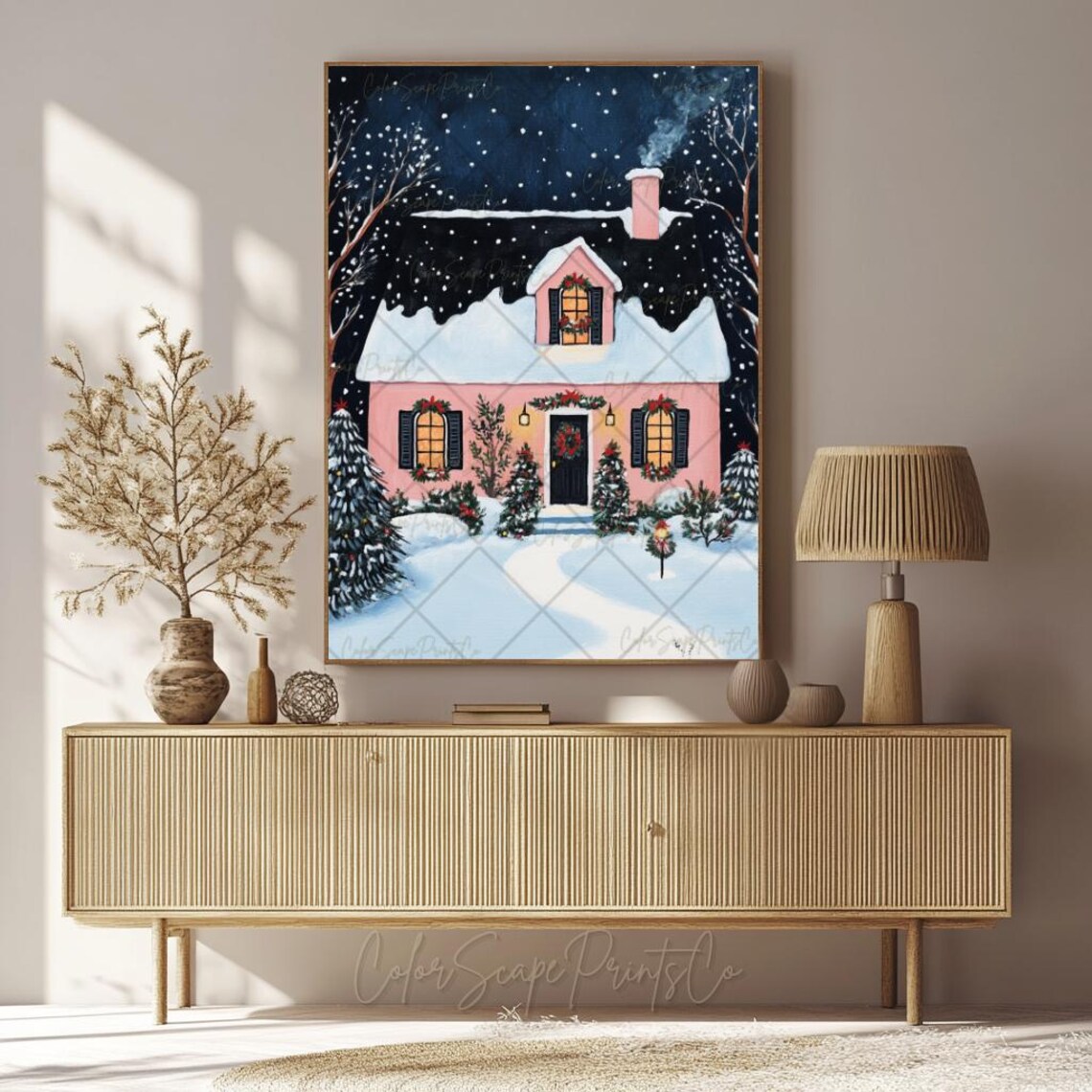 Christmas Houses Painting, Pastel Winter Village Print - Image 3