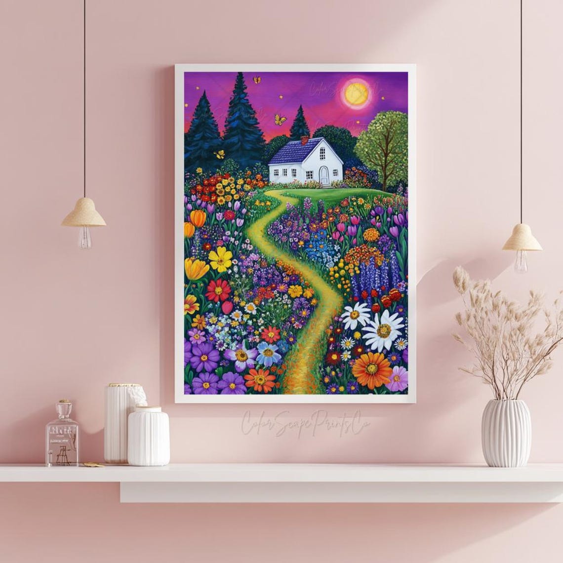 Cottage Path Through Wildflower Garden Sunset Purple Sky Poster - Image 2
