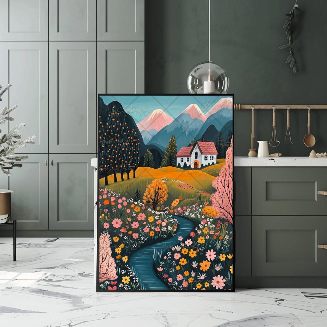 Whimsical Cottage Garden River Mountains Folk Art Landscape Poster - Image 4