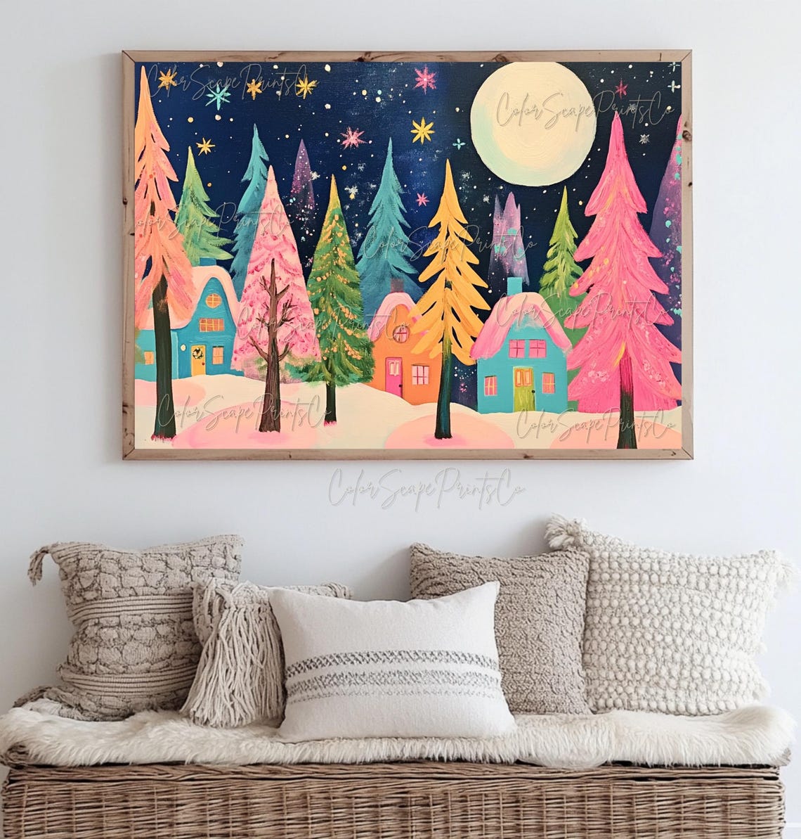 Whimsical Rainbow Christmas Trees Night Village Scene Poster - Image 4