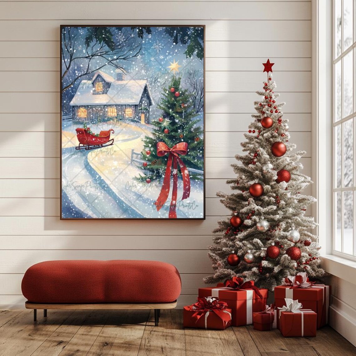 Snowy Christmas Cabin Scene with Red Sleigh and Tree Watercolor Poster - Image 4