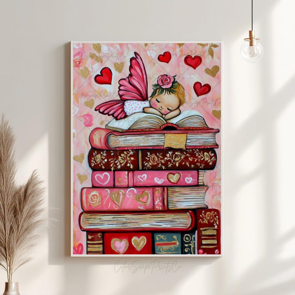 Sleeping Fairy Book Stack Painting Hearts Wings Pink Valentine Poster - Image 3