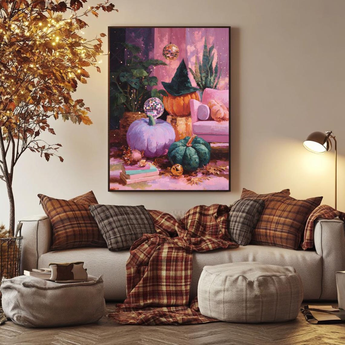 Whimsical Halloween Art Print Disco Pumpkin Wall Decor Pastel Pink Ball Cozy Autumn Witchy