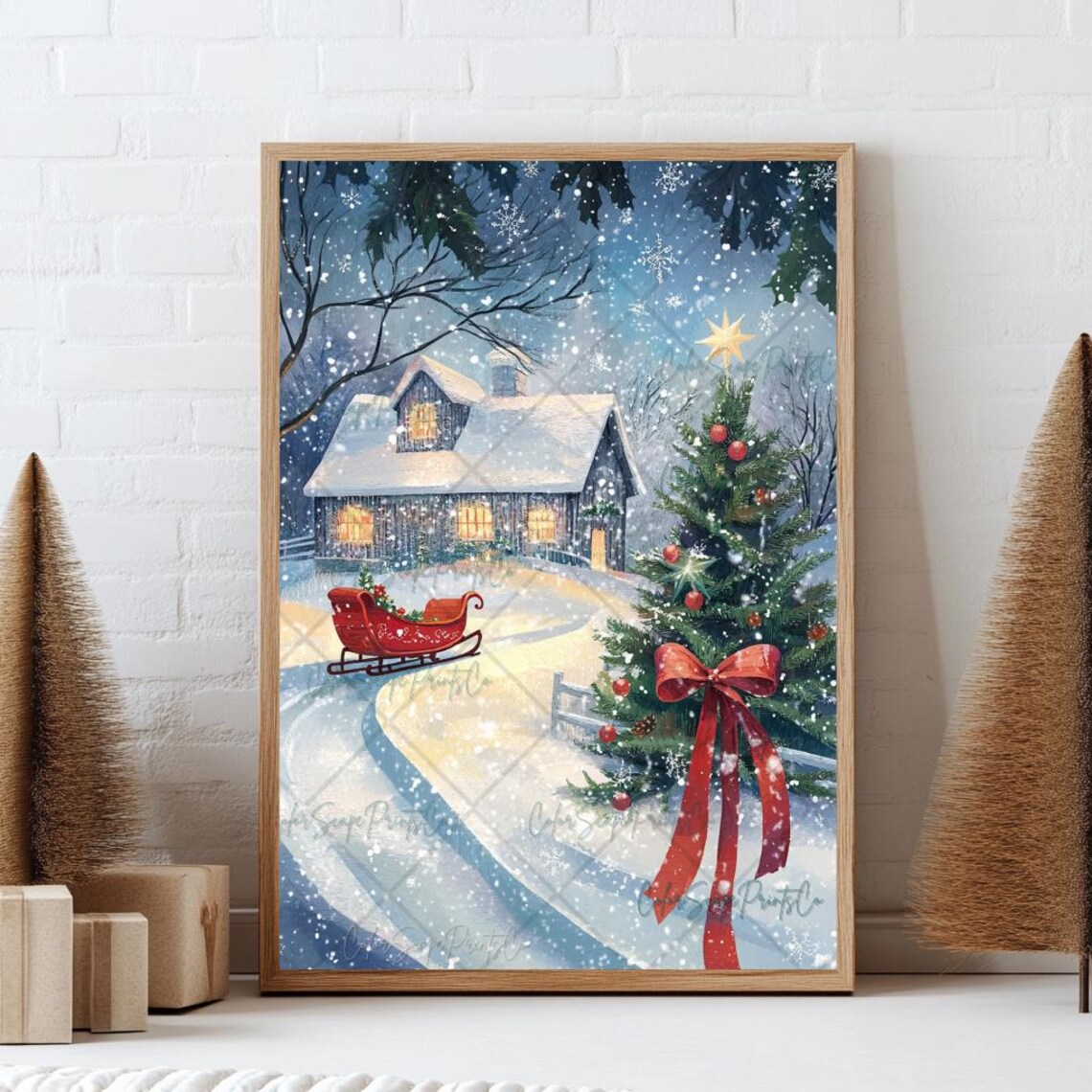 Snowy Christmas Cabin Scene with Red Sleigh and Tree Watercolor Poster - Image 3