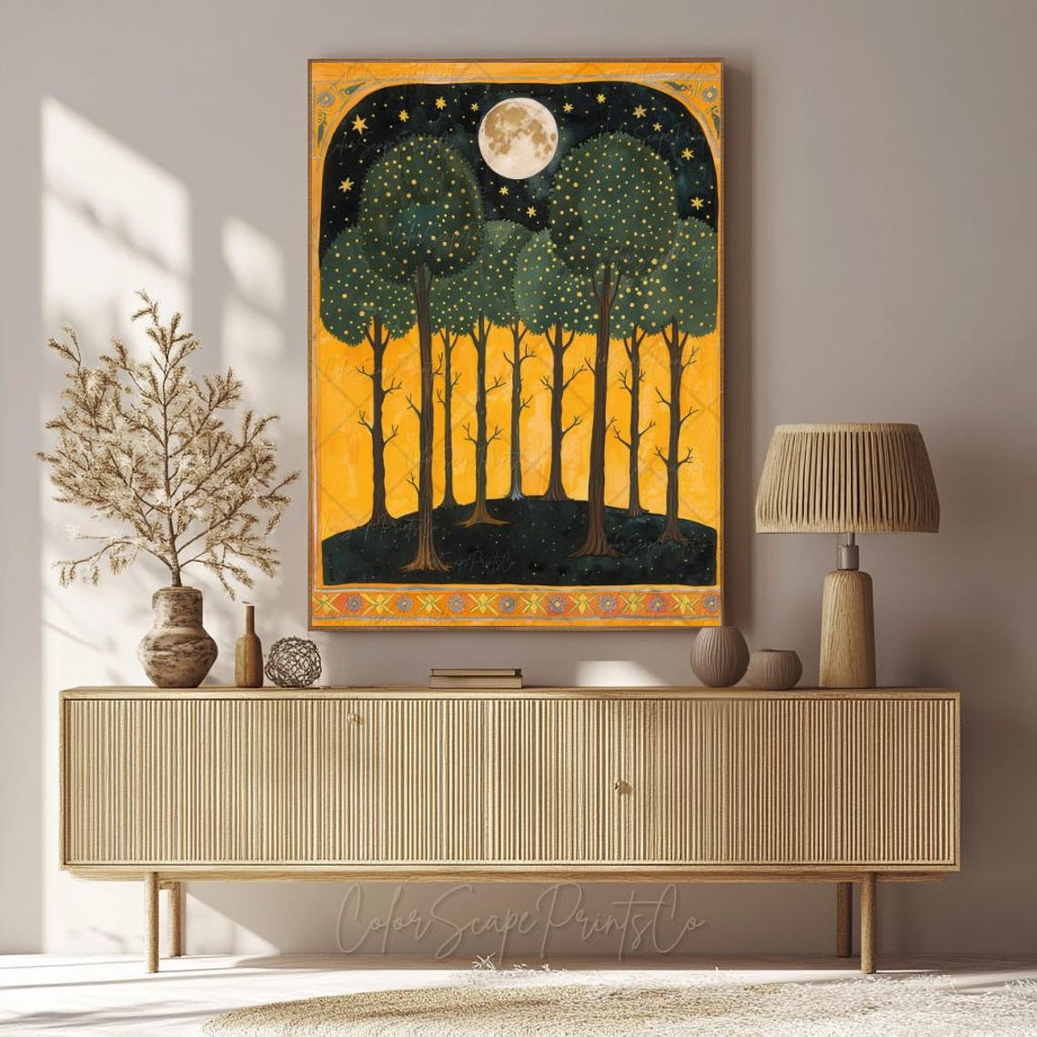 Magical Firefly Forest Full Moon Golden Night Folk Art Poster - Image 2