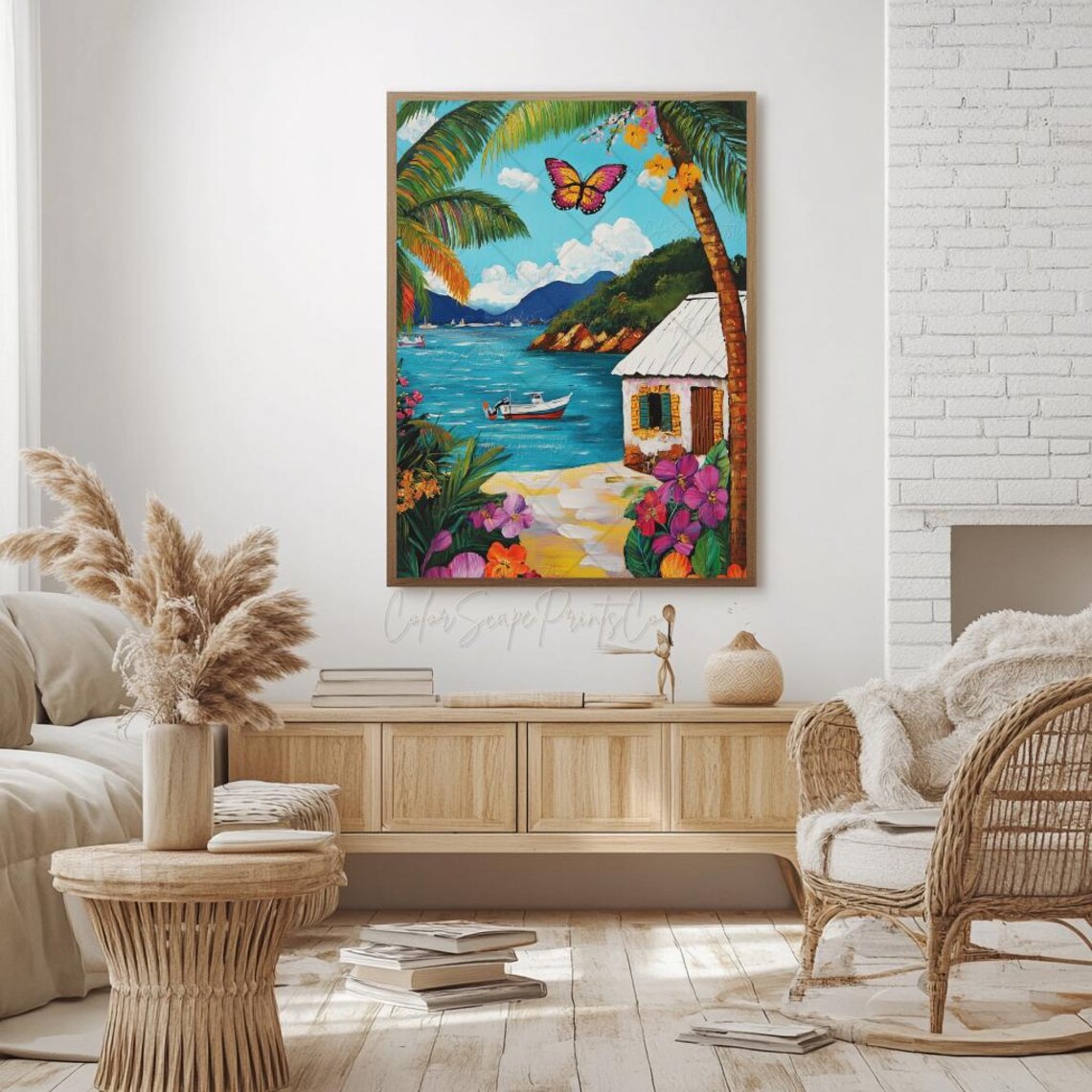 Tropical Beach Bay Painting Palm Butterfly Coastal Cottage Poster - Image 3