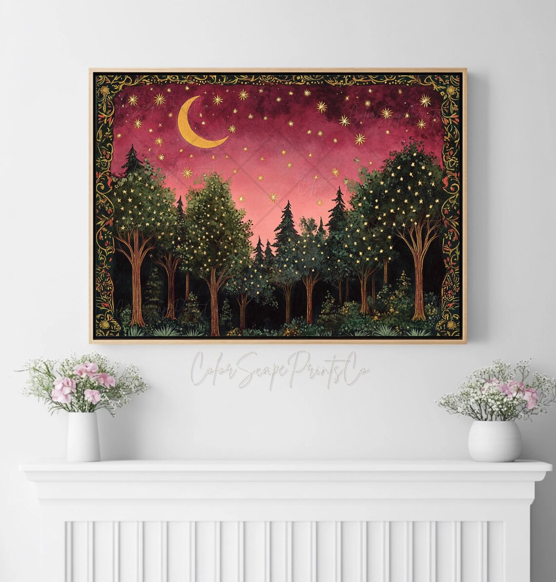 Moon And Stars Enchanted Forest Vintage Landscape Print - Image 2
