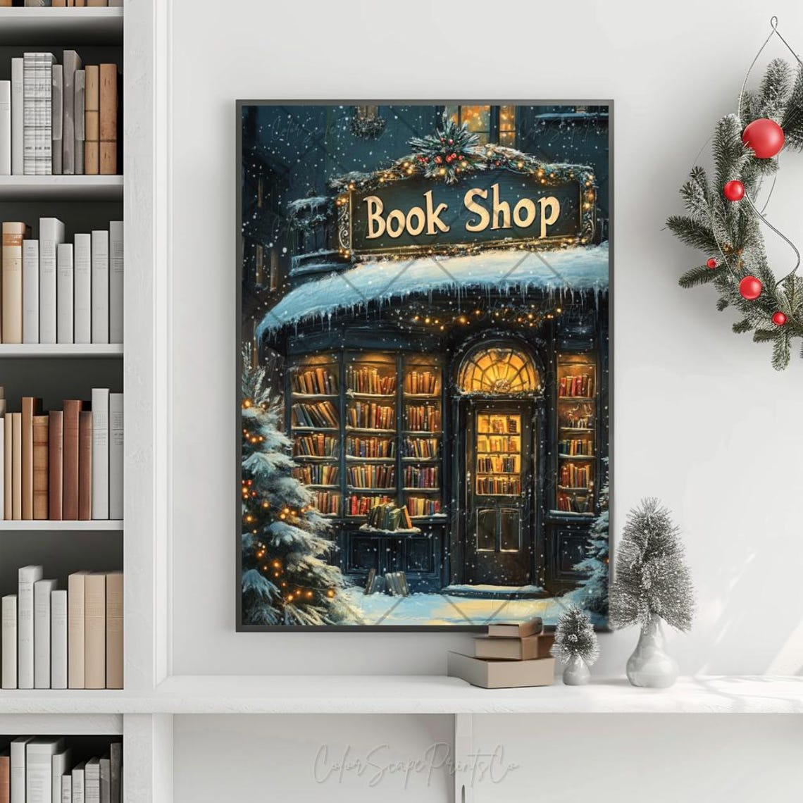 Cozy Book Shop Storefront in the Snow at Night Glowing Windows Poster - Image 2