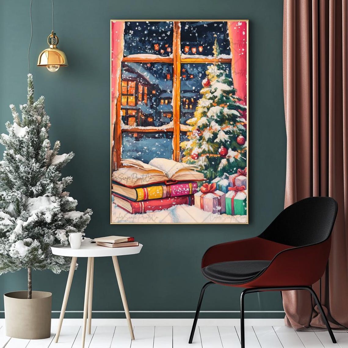 Festive Book Stack by Snowy Window Christmas Night Poster Art - Image 4