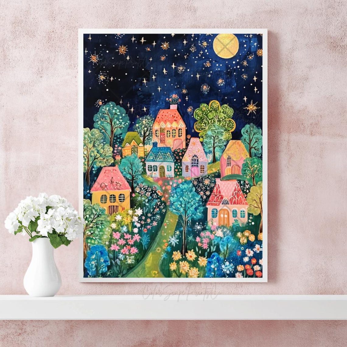 Storybook Village Under Full Moon Starry Night Cottages Poster - Image 4