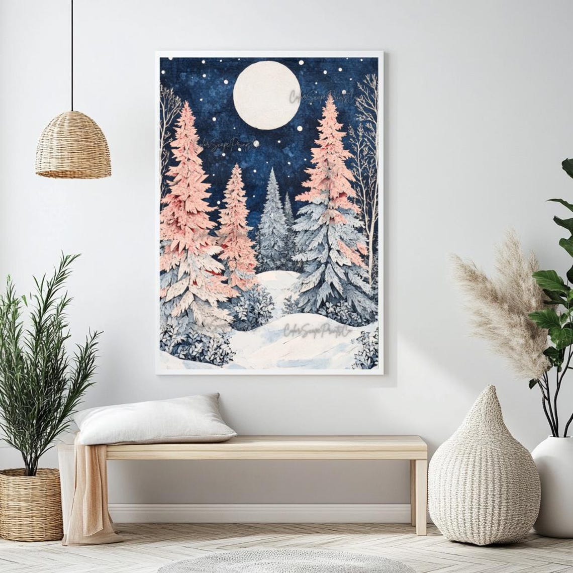 Pink Pine Trees Moonlit Snowy Forest Night Christmas Art Poster - Image 2