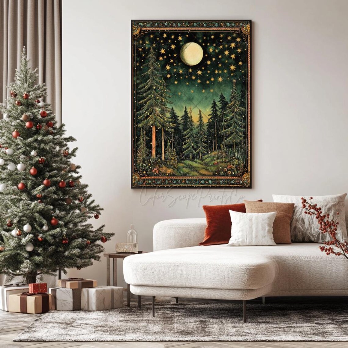 Moon and Stars Vintage Forest Landscape Art Print - Image 4