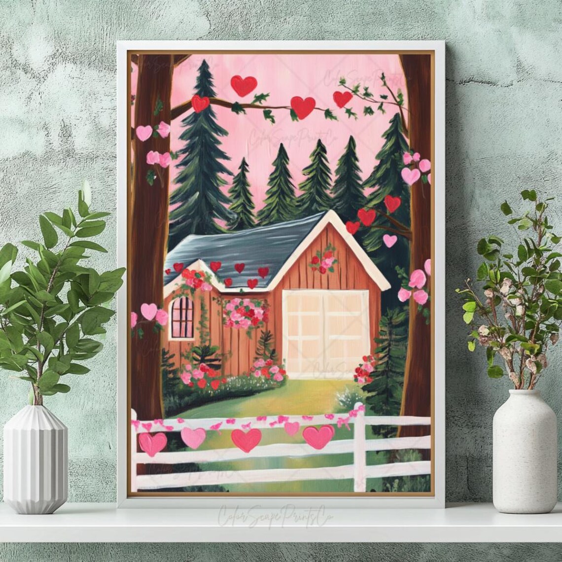 Red Barn Cabin With Hearts Pink Sky Woodland Valentine Poster - Image 4