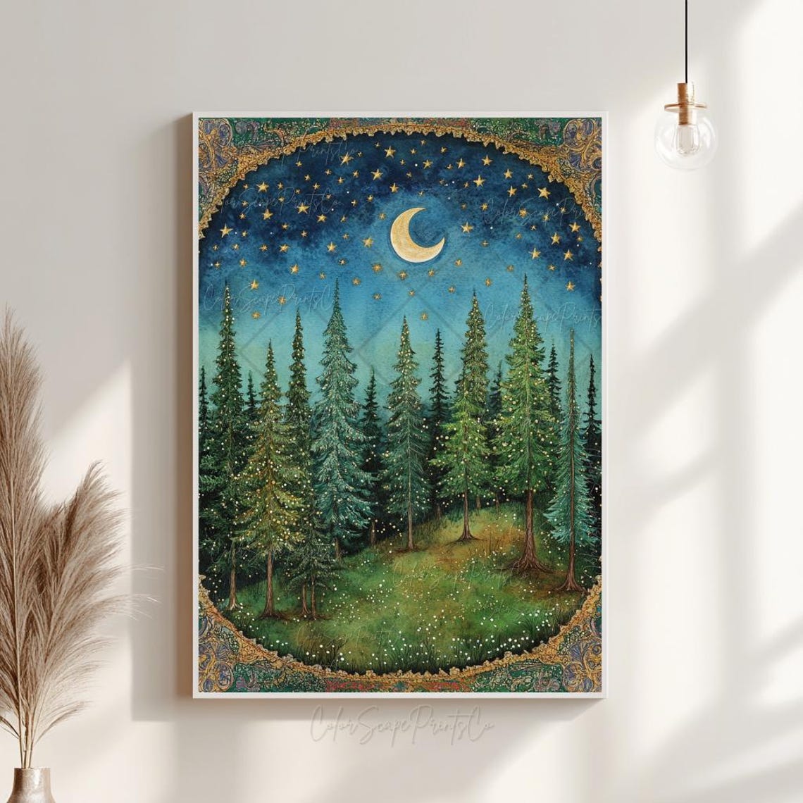 Night Forest Crescent Moon Stars Ornate Gold Arch Border Poster - Image 4