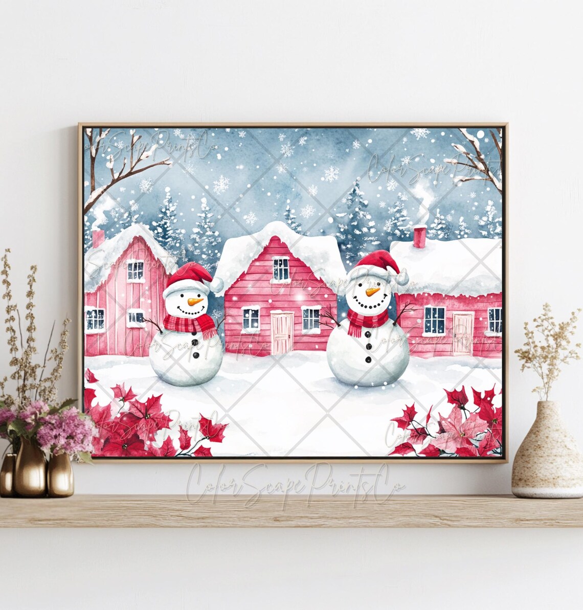 Pink Christmas Village Painting, Festive House Art Print - Image 3