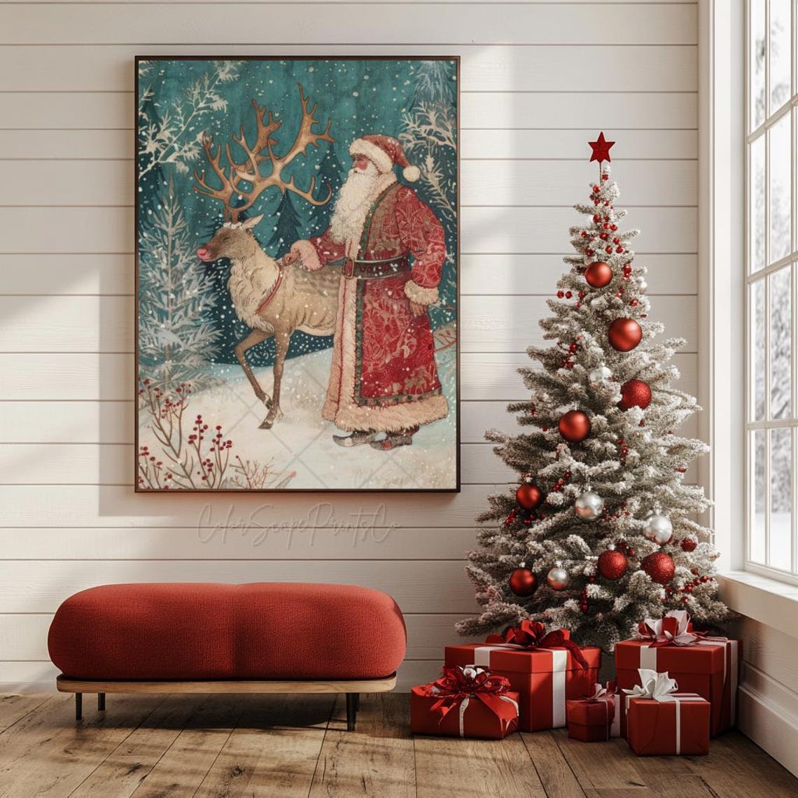 Santa Claus And Reindeer Wall Art Vintage Santa Claus Painting Santa Claus In Winter Forest Print Whimsical Christmas Print Ready To Hang - Image 2