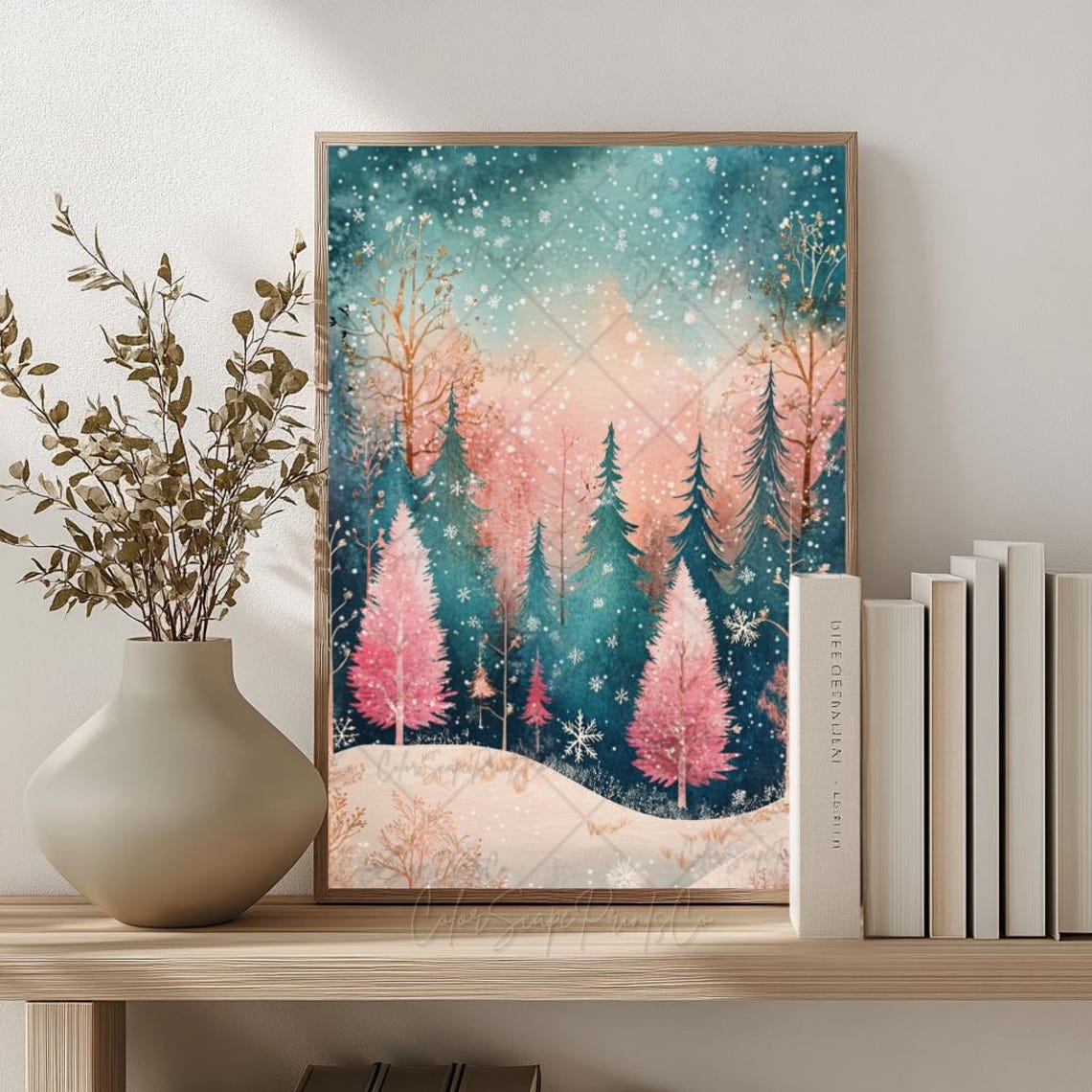 Pink Winter Forest Snowy Whimsical Christmas Trees Poster Art - Image 4