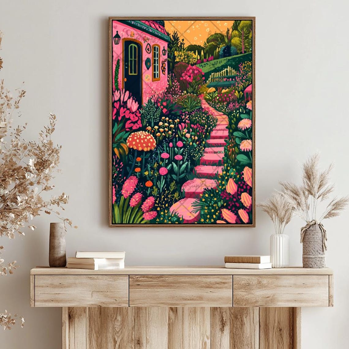 Flower Garden Painting Garden Illustration Colorful Wall Art Colorful Houses Print Whimsical Garden Print Vibrant Scenery Floral Landscape - Image 3