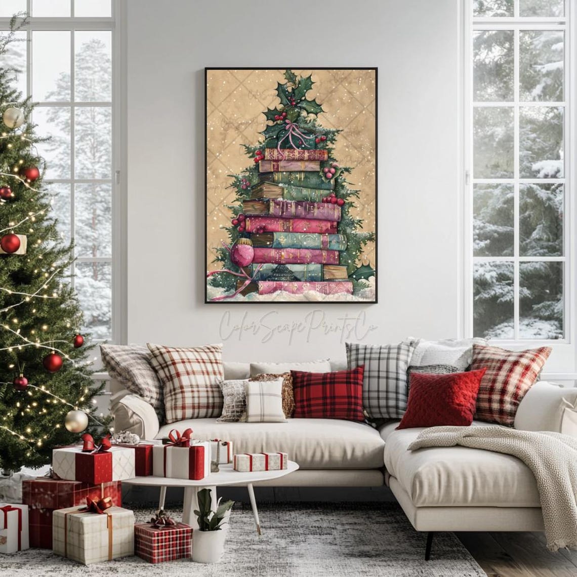 Book Stack Christmas Tree Vintage Books Holiday Booklover Wall Art - Image 2