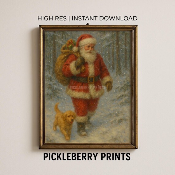 Santa Claus And Golden Retriever Puppy In Snowy Forest Christmas Poster