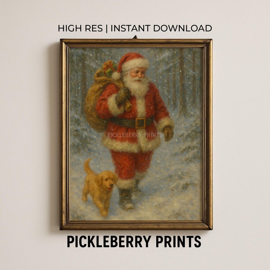 Santa Claus And Golden Retriever Puppy In Snowy Forest Christmas Poster