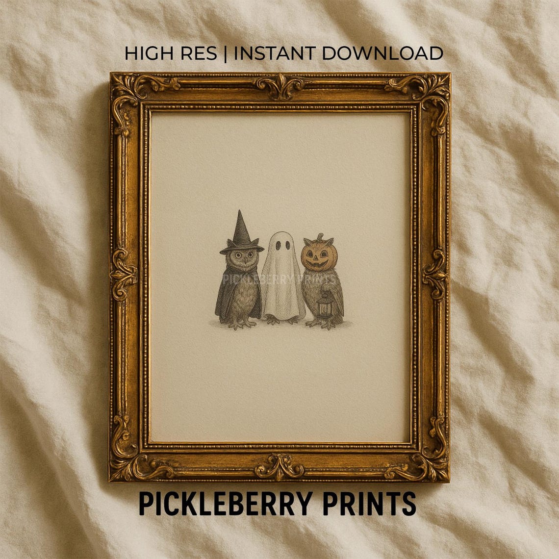 Cute Halloween Owl Trio Witch Ghost Pumpkin Sketch Art Poster