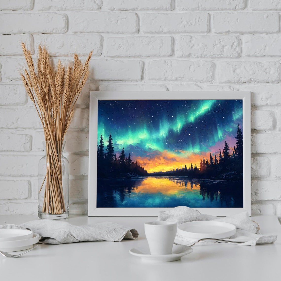 Aurora Borealis Forest Silhouette Starry Sky Painting Horizontal Wall Art With Northern Lights For Home Decor