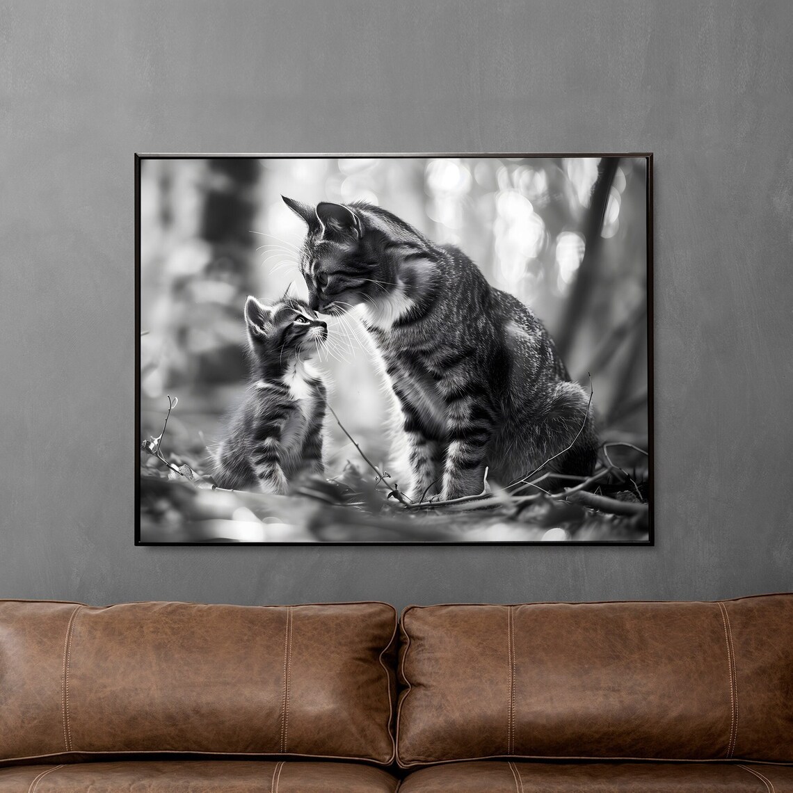 Tabby Cat Mom With Small Cute Kitten, Home Decor