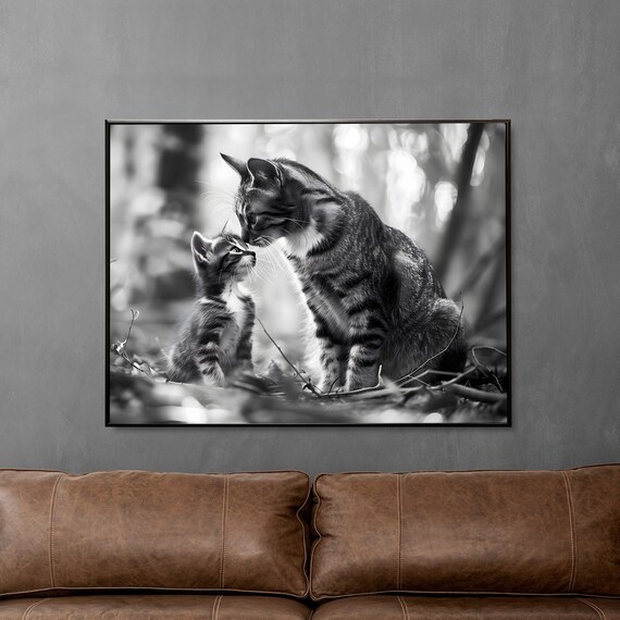 Tabby Cat Mom With Small Cute Kitten, Home Decor