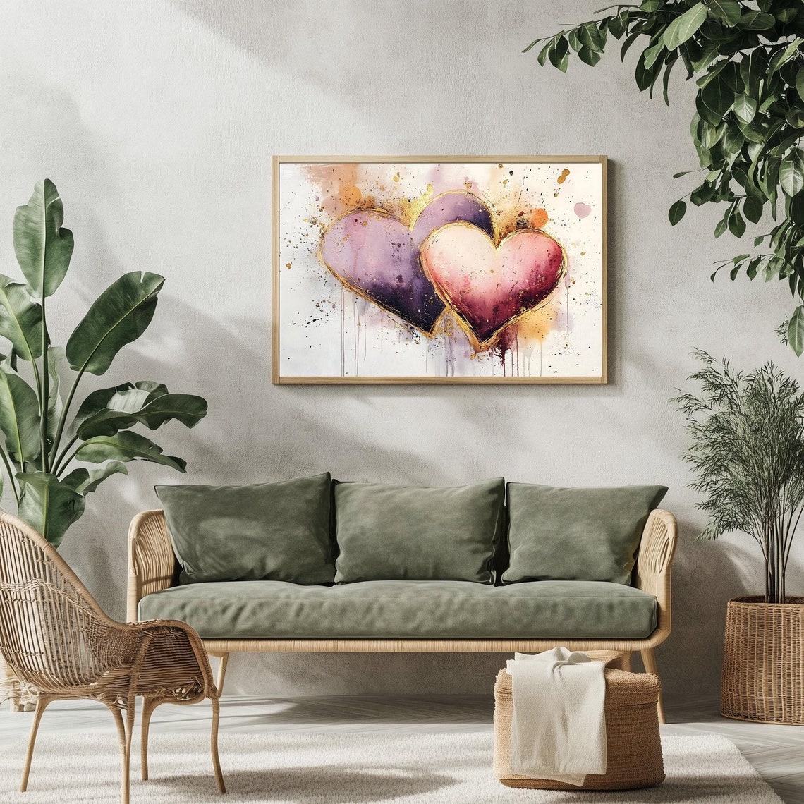 Watercolor Hearts Painting Purple Pink Gold Splatter Romantic Wall Art