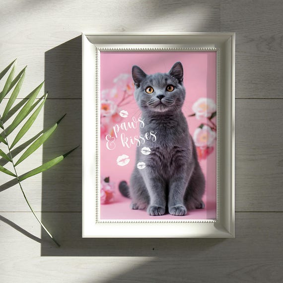 Paws Kisses Grey Cat Wall Art For Cat Lovers Cute Cat Pink Instant Card For Valentines Day For Pet Owners Home Decor