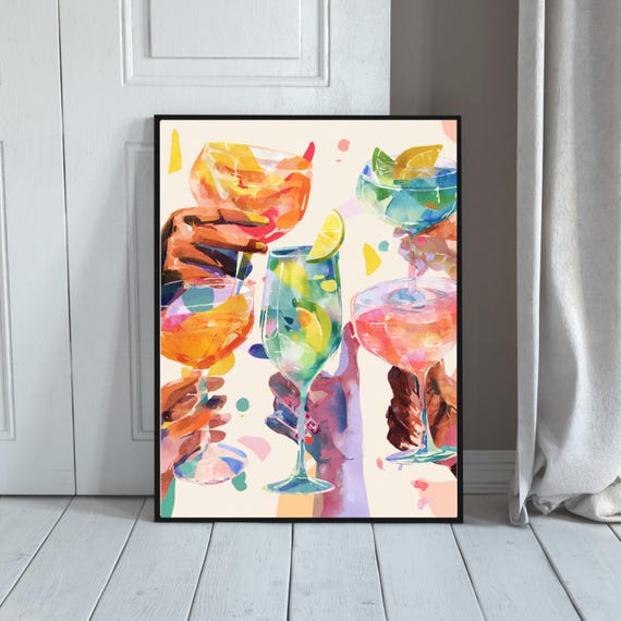 Cocktail Cheers Watercolor Print Vibrant Party Drinks Illustration