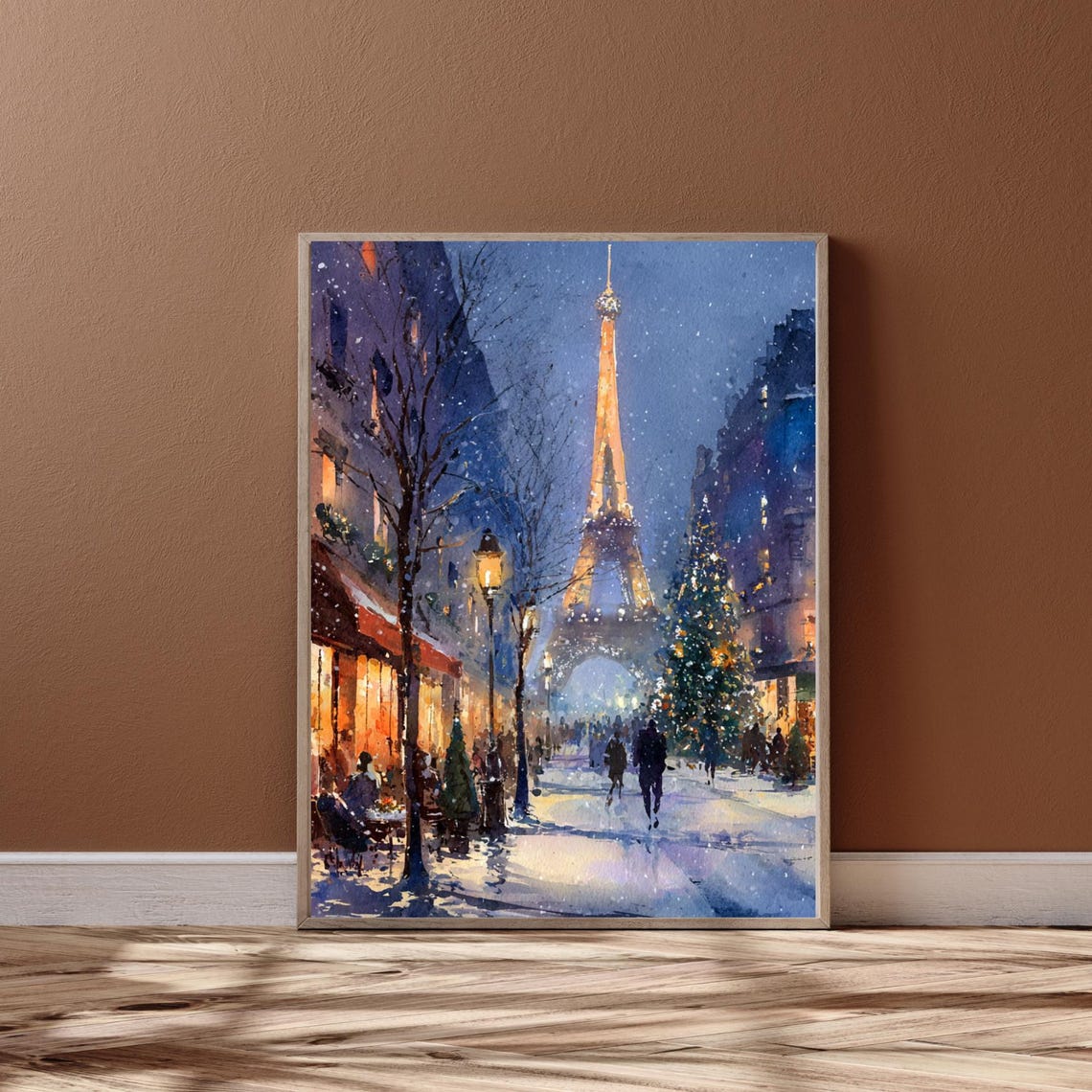 Paris Christmas Street with Eiffel Tower in Snow Watercolor Poster