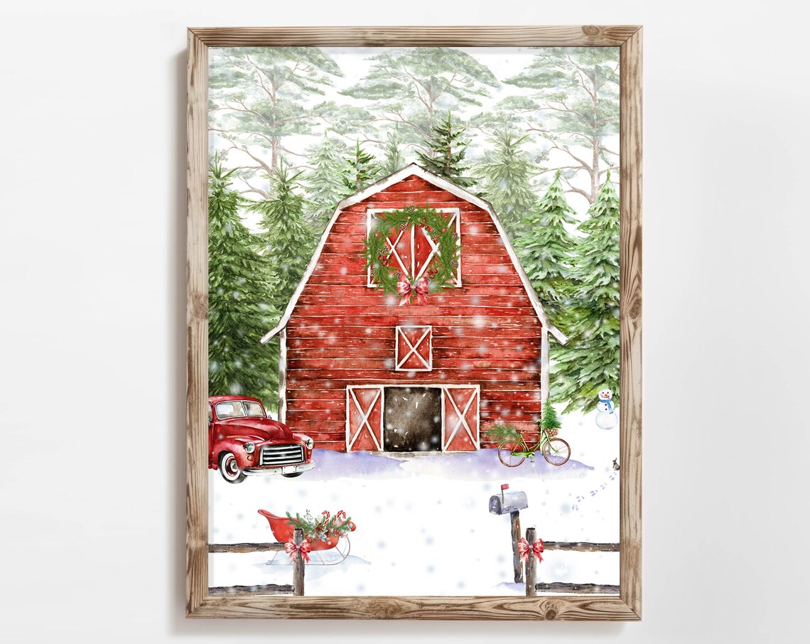 Red Barn Christmas Wreath Snowy Farm Vintage Truck Holiday Poster