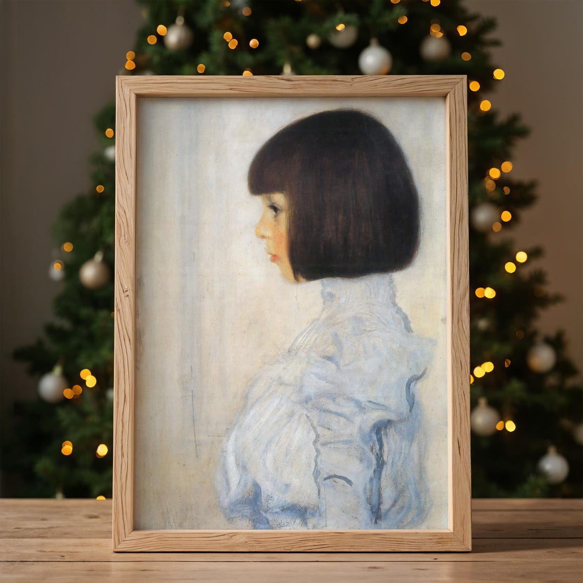 Vintage Portrait Of A Girl Wall Art Klimt Antique Oil Painting Impressionism Neutral Farmhouse Wall Decor Print - Image 2