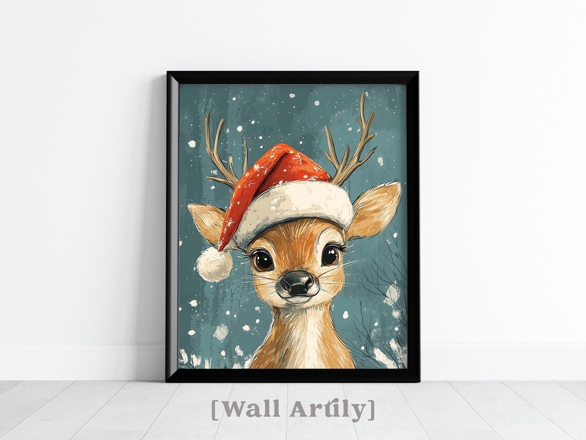 Cute Reindeer Santa Hat Christmas Snowy Woodland Animal Poster - Image 2