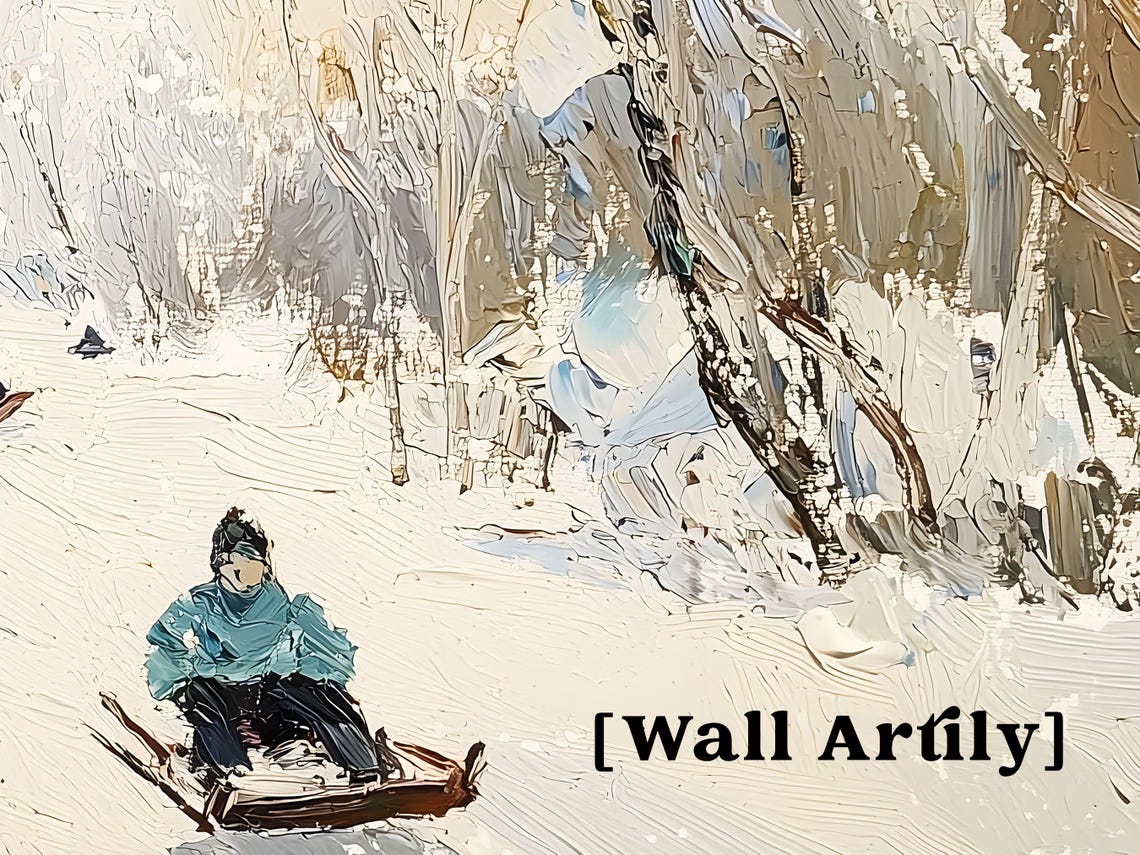 Impressionist Children Sledding Down A Snowy Hill Painting Poster - Image 4