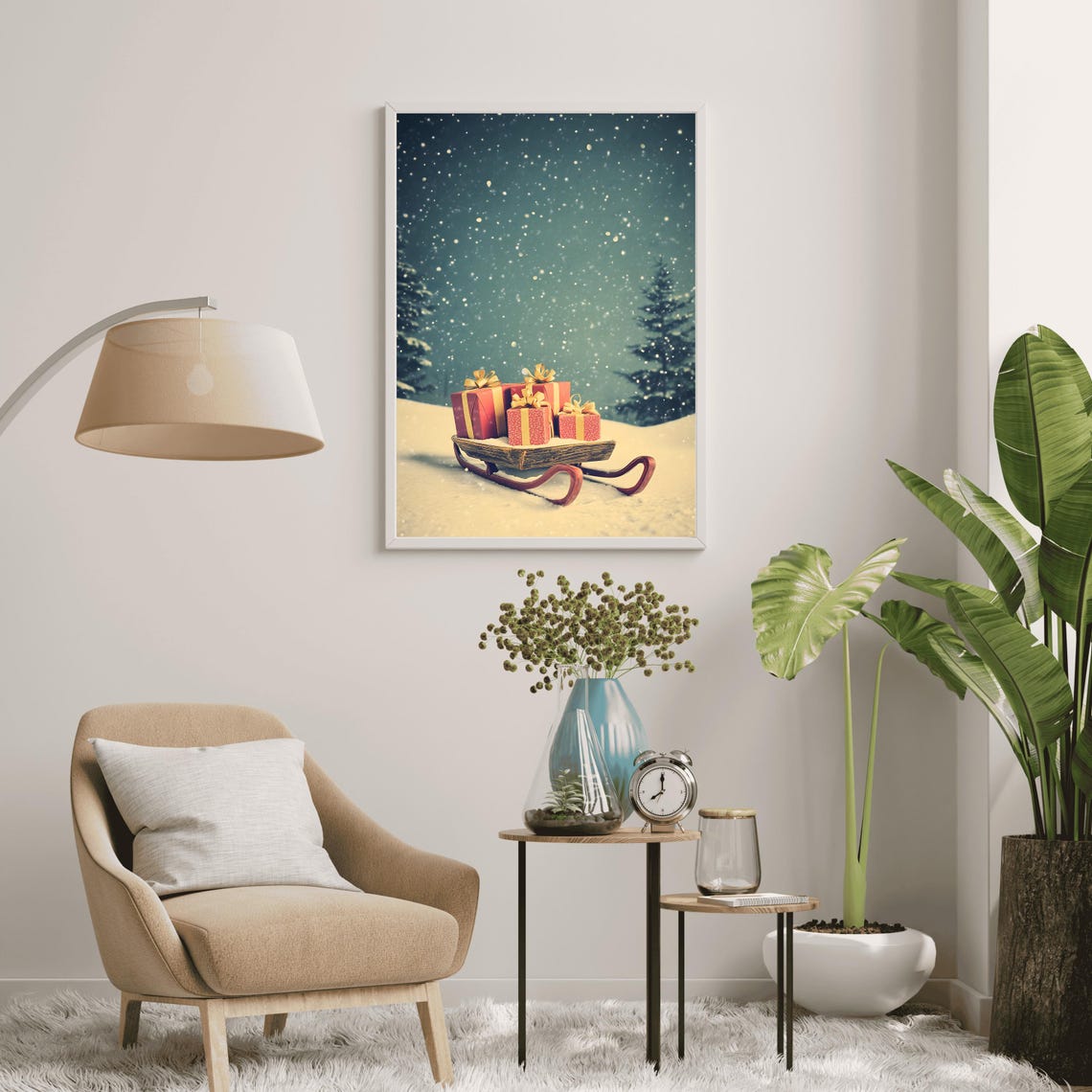 Antique Wooden Sleigh Red Gifts Snowfall Christmas Night Poster - Image 3