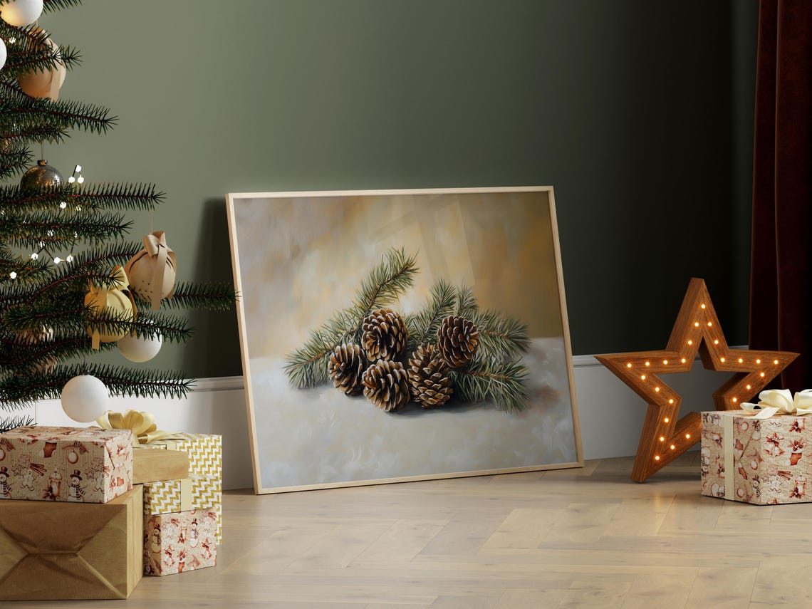 Pinecones And Evergreen Sprigs Winter Still Life Painting Poster - Image 4