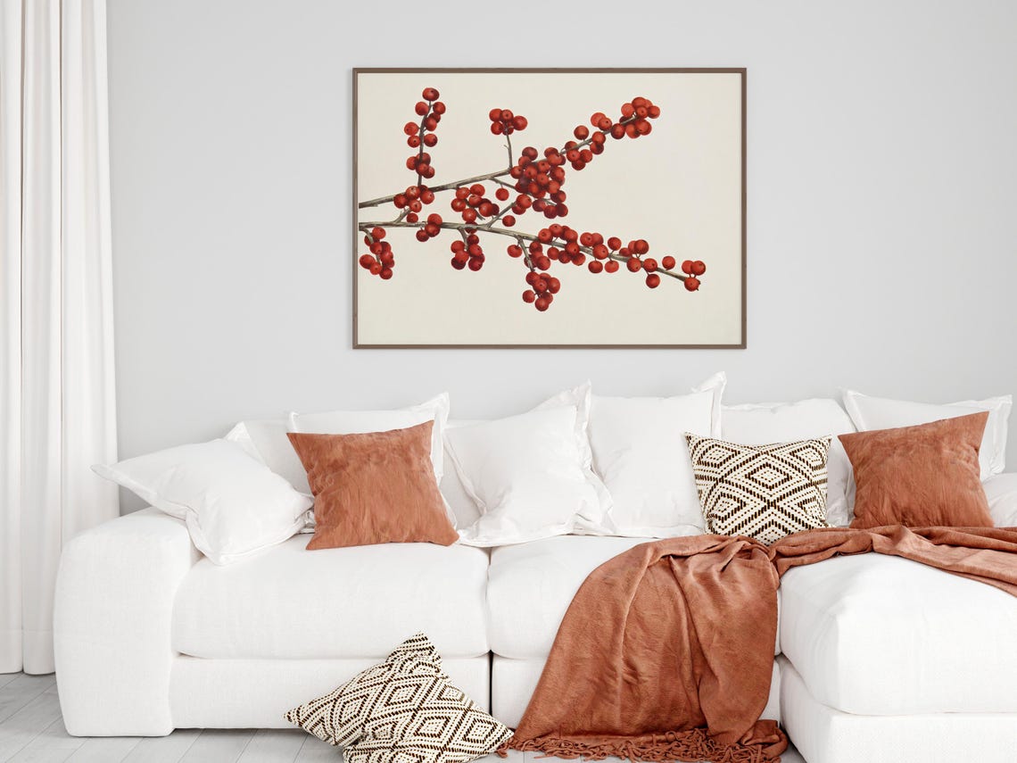 Red Winter Berry Branch Botanical Watercolor Holiday Art Poster - Image 2