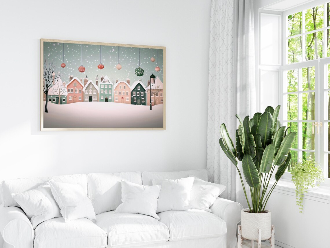 Pastel Snowy Town With Colorful Houses And Hanging Baubles Poster - Image 6