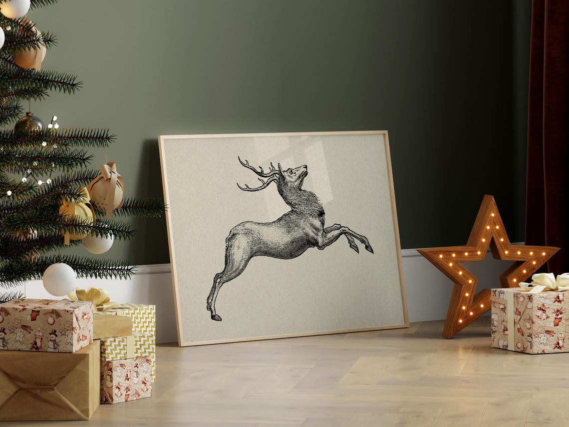 Vintage Leaping Stag with Antlers Classic Wildlife Engraving Poster - Image 5