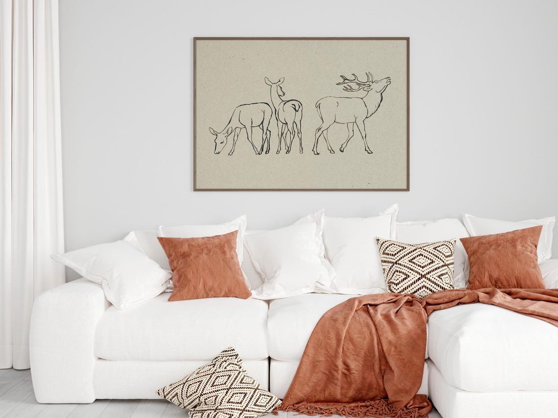Deer Stag And Does Minimalist Line Drawing Rustic Animal Poster - Image 6
